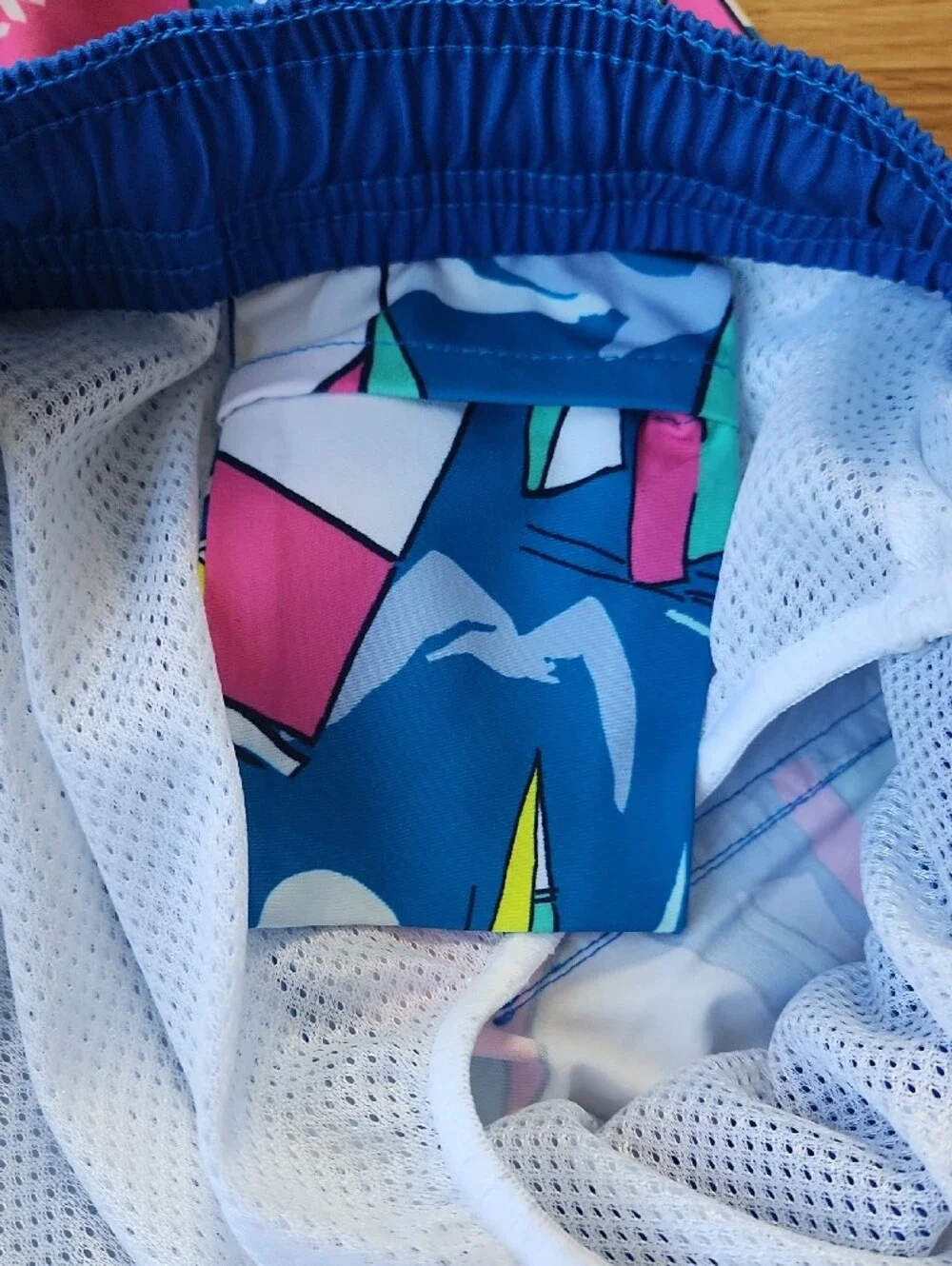 Vineyard Vines Blue Sailboat Print Boys Swim Trunks with Pink Drawstring